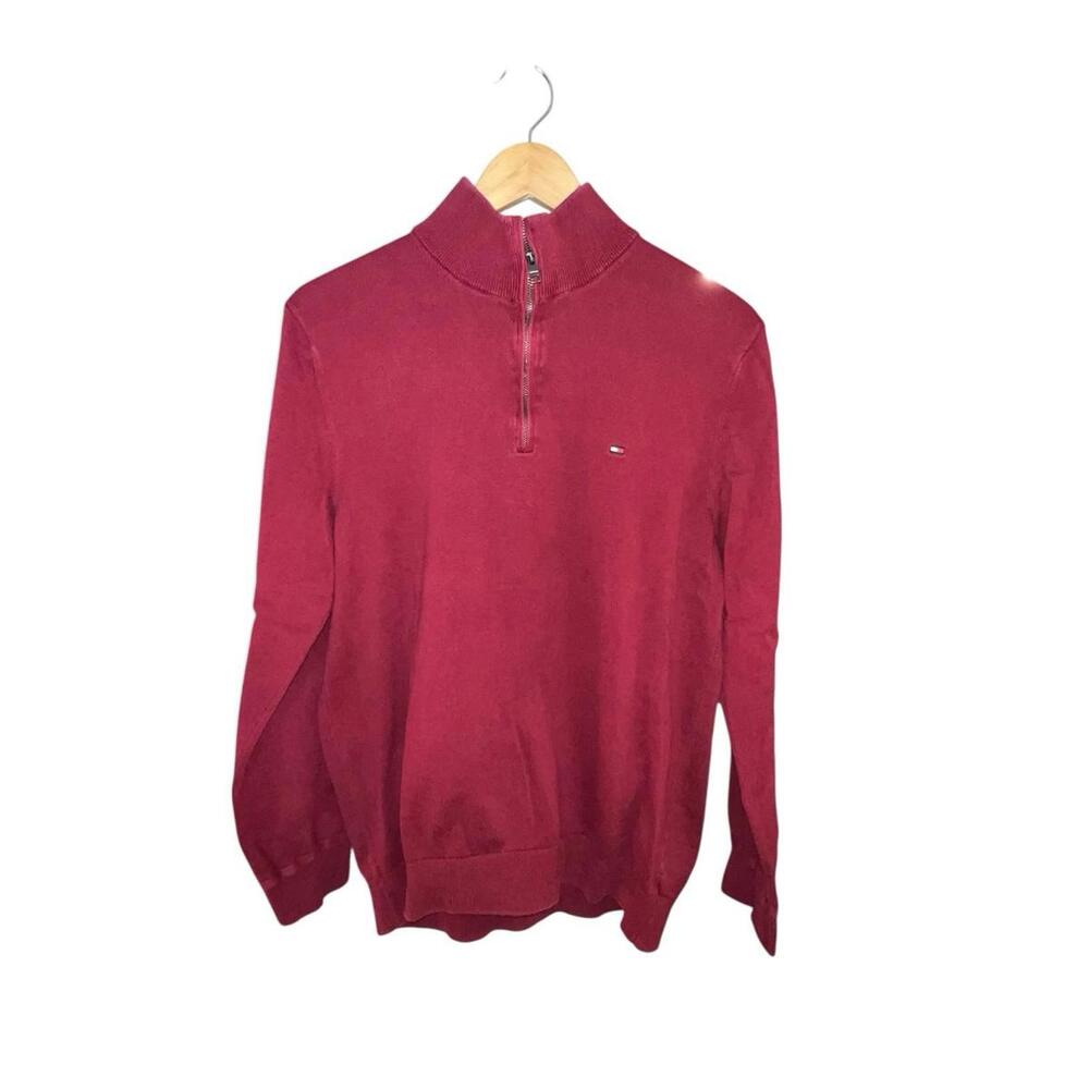 Tommy Hilfiger Men's Red 1/4 Zip‎ Cotton Sweater Large Logo Pullover Casual